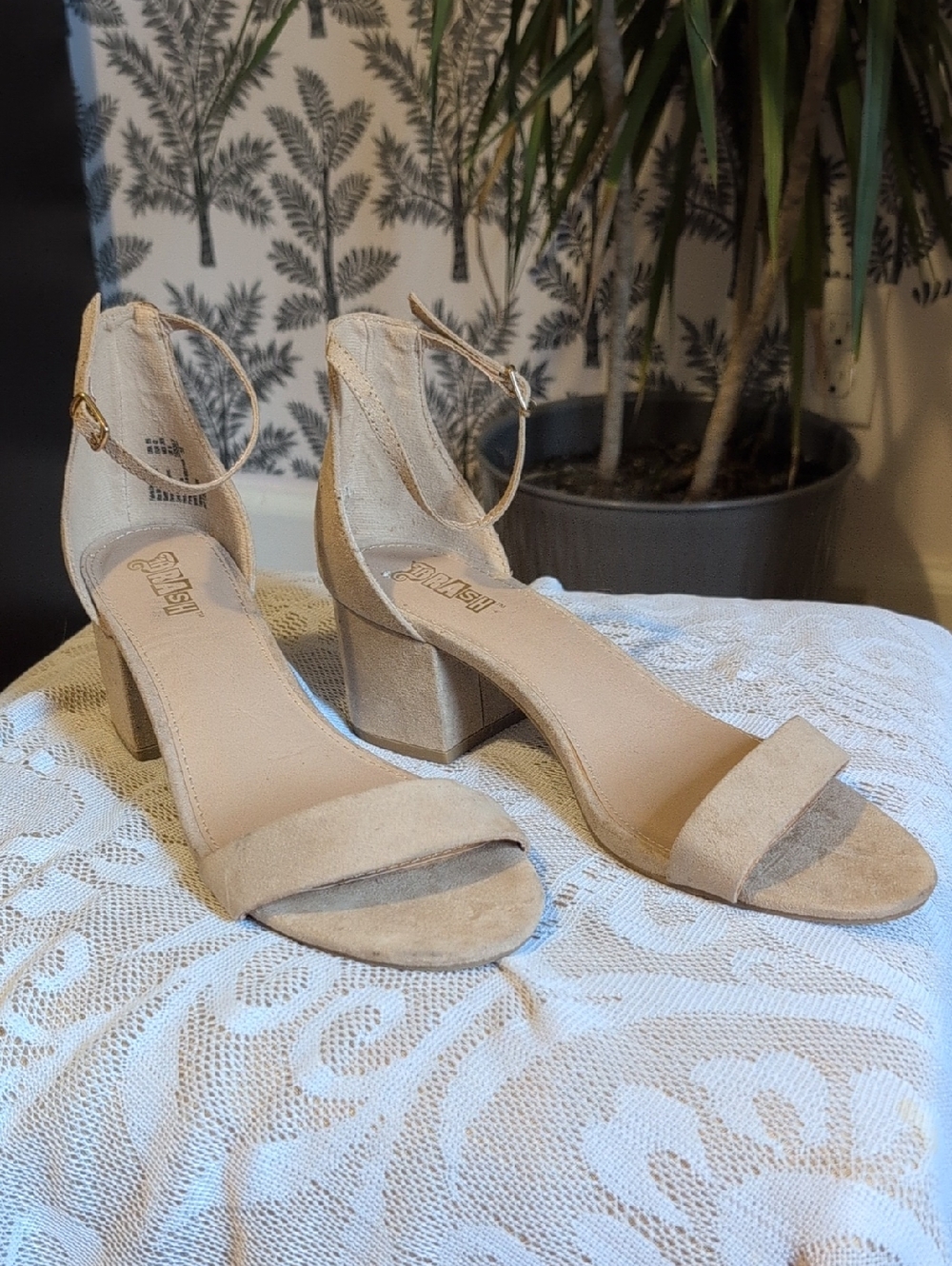 Brash Beige Suede Ankle-Strap Block Heels